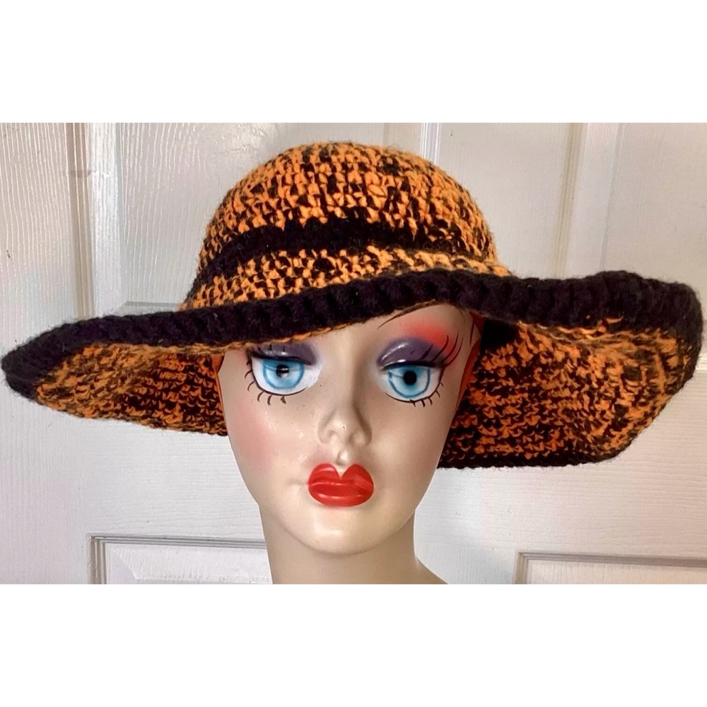 Vintage Hand Crochet Halloween Hat Orange And Black Wide Brim O/S